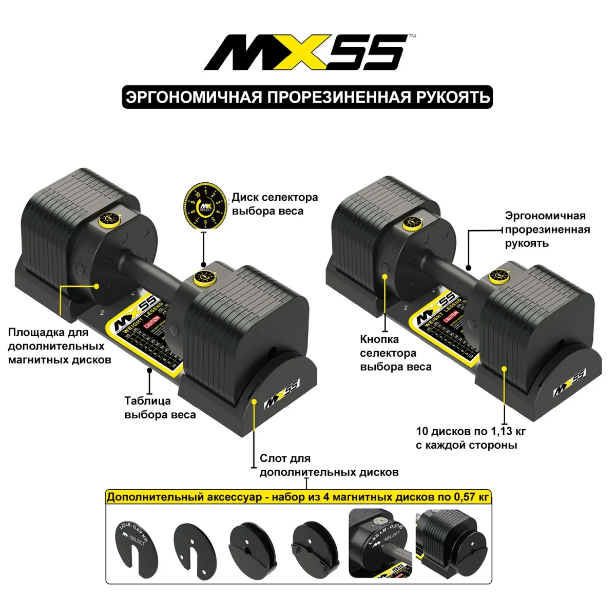 Гантели регулируемые MX Select MX55 EVO, эргономичная прорезиненная рукоять, вес 4.9-25.3 кг, пара